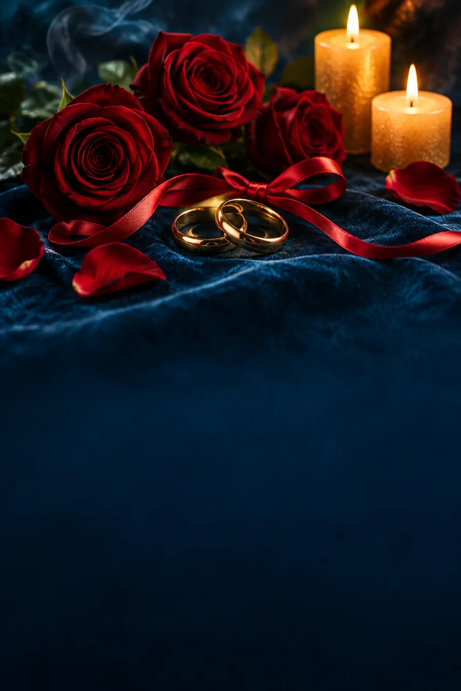 Alianças de ouro entrelaçadas com fita vermelha, rosas e velas acesas