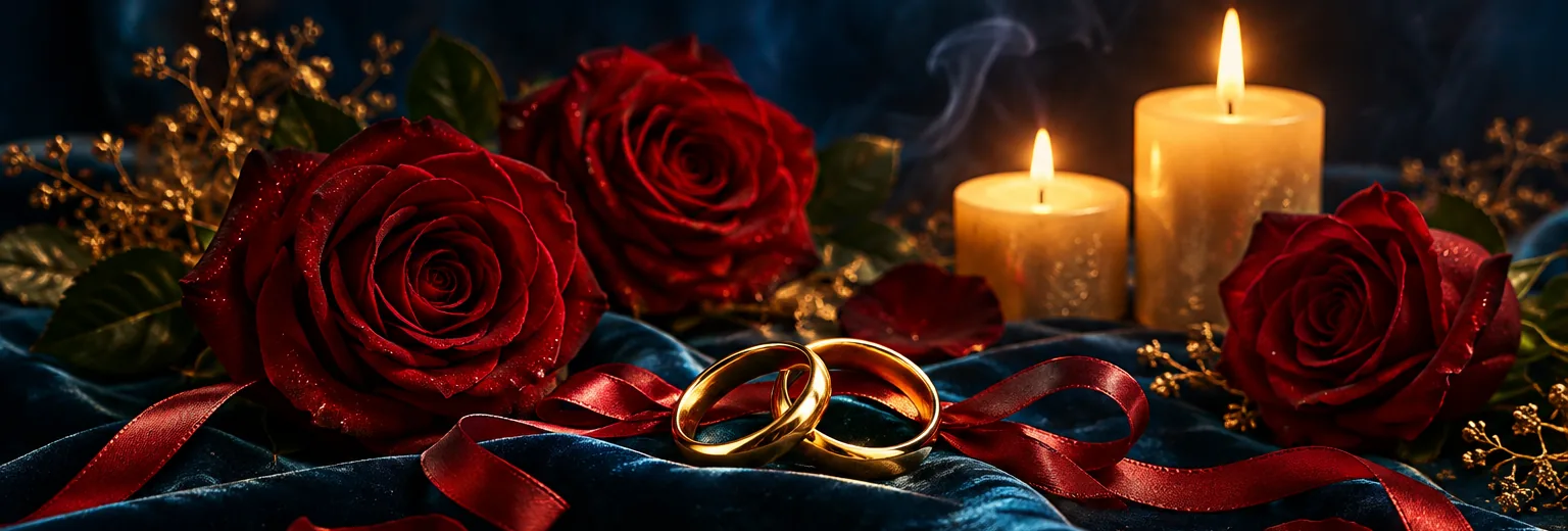 Alianças de ouro entrelaçadas com fita vermelha, rosas e velas acesas